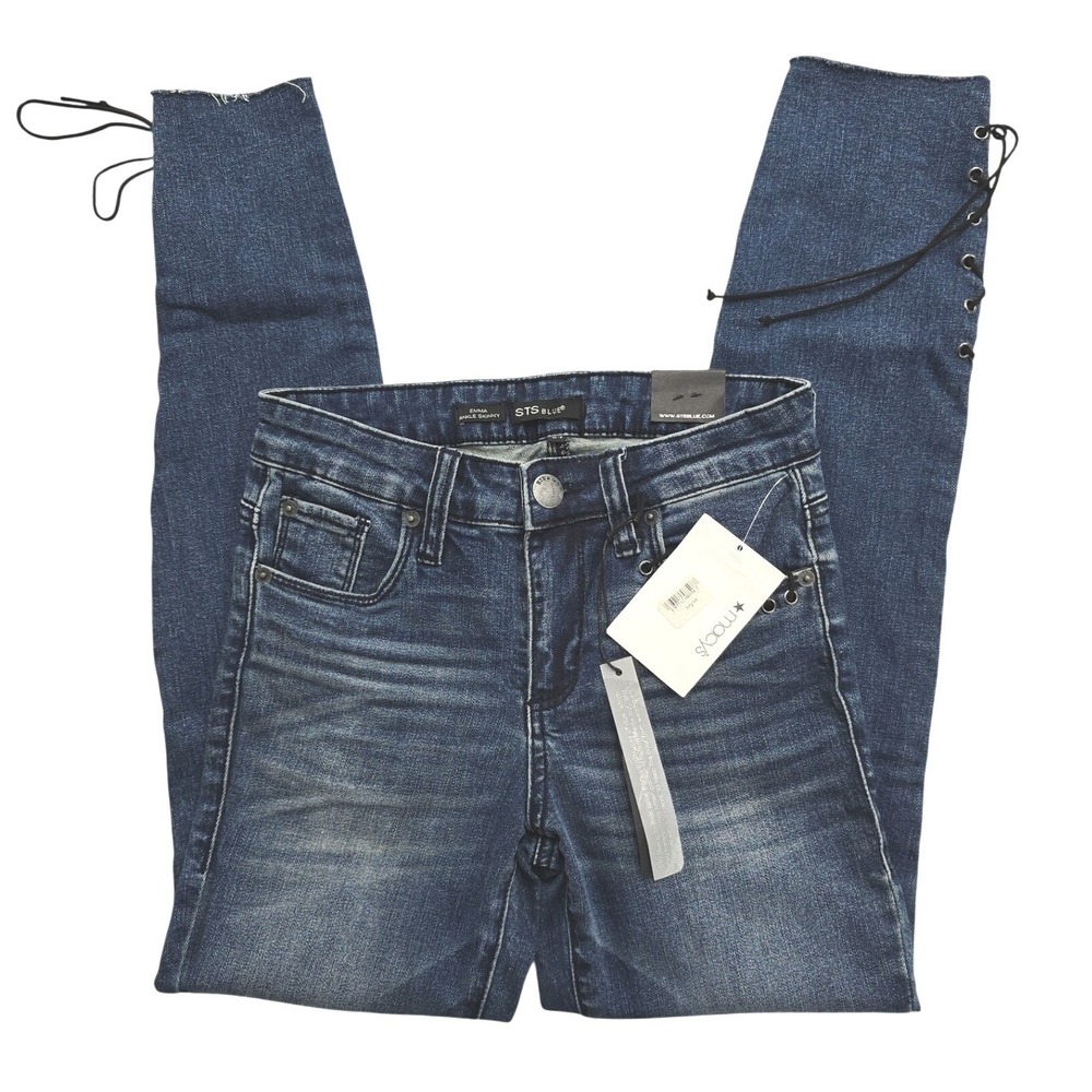 STS Blue Emma Ankle Skinny Jeans Lace Up Raw Hem Medium Wash Womens Size 24 NWT